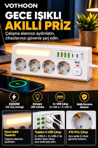 Çoklu Gece Lambalı Üçgen Priz Akım Korumalı 4 Lü Priz 3xusb 3xtype-c Çıkışlı Grup Priz Beyaz Aklby-bsva58 0