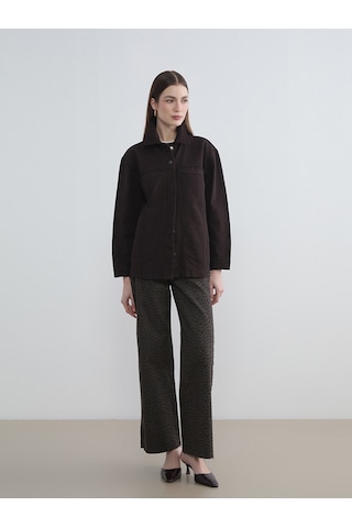 Lcw Modest Kahverengi Gömlek Yaka Oversize Kadın Jean Ceket