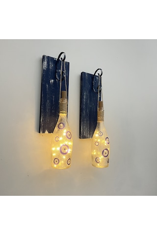 Peri Led Işıklı Mavi Ahşap Dekorlu Nazar Boncuklu Aplik Koyu Mavi