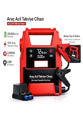 20000mah 12v Araç Akü Takviye Cihazı 2000a Tepe Akım Lcd Ekranlı Çift Voltaj Jump Starter Powerbank
