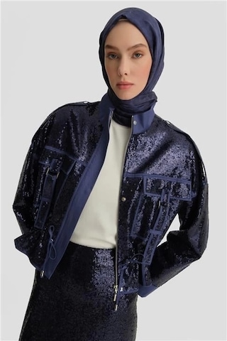 Armine Kumaş Mixli Payetli Ceket 25y5916 Puslu Mor Mavi