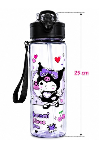 Fenomen Kuromi Pipetli Matara 750 Ml Büyük Boy Askı Aparatlı Çantanın En Şirin Eşyası Kuromi Matara Siyah