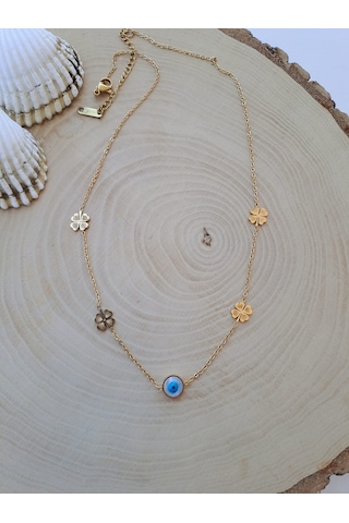 Dali Shop Nazar Boncuklu Altın Kaplama Çelik Yonca Kolye Altın