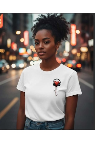 Kalp Kulaklık Baskılı Sevgililer Günü Pamuklu Kadın T-shirt Beyaz
