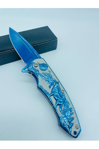 Tobaccotürk724 Kurt Kabartmalı Kamp Bıçak Yarıoto Mavi Metal 20cm Kamp Çakı//ystl2916bl Mavi