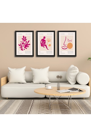 Henri Matisse 3'lü Alüminyum Çerçeveli Poster Seti - Önden Açılır A3 Açılır Kapanır Çerçeve Seti Fuşya Pembe Soyut Figürler, Siyah