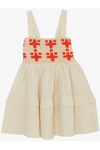 Escabel Kız Çocuk Elbise Triko Motifli Askılı 5-9 Yaş, Krem-krem Krem