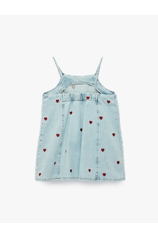 Koton Kare Yaka Kalp Desenli Askılı Denim Jile Elbise Lıght Indıgo 6smg80003ad Açık Mavi