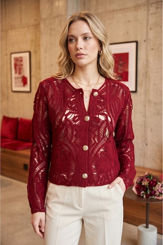 Sayzen Your Shine Dantel Desenli Gold Düğmeli Basic Ceket Bordo