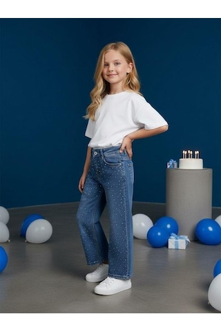 Zekids Kız Çocuk Taş İşlemeli Geniş Paçalı Mavi Kot Pantolon-16613 Mavi