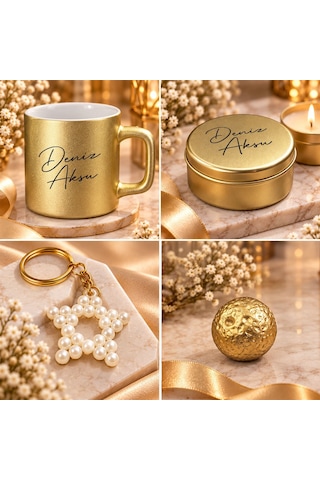 Bk Gift Kişiye Özel İsimli Gold Kahve Fincanı & Mum & Mdf Altlıklı Dekor & Anahtarlık - Hediye Kutulu Gold Set-1
