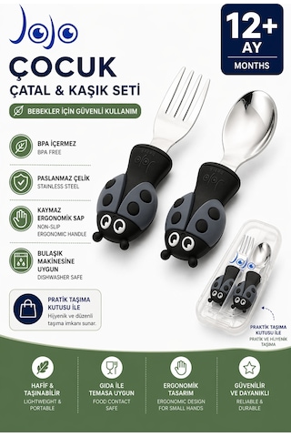 Uğurböceği Premium Çocuk Bpa'sız Silikon Saplı Paslanmaz Çelik Uçlu Çatal-kaşık/saklama Kutusu 9+ay