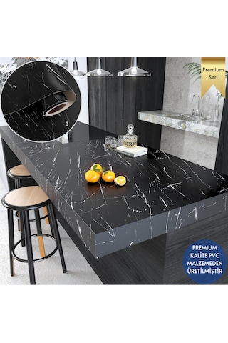 Technosmart 60x300cm Mat Mermer Desenli Kendinden Yapışkanlı Duvar Kağıdı Kaplama Mutfak Masa Folyo Siyah