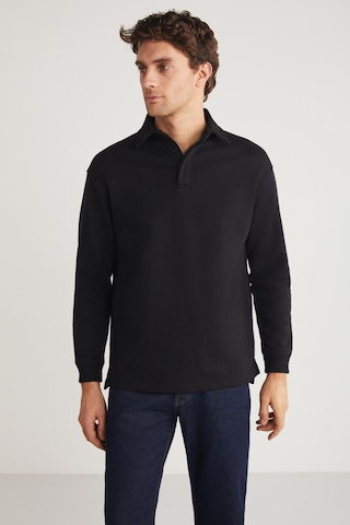 Grımelange JOHN Erkek Polo Sweat Gömlek Yakalı Arkası Uzun Yırtmaçlı Diagonel Kumaşlı Siyah Sweatshirt