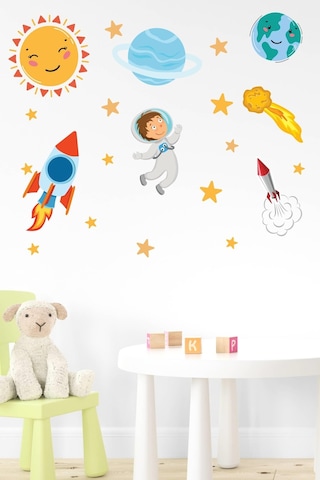 MSticker Sevimli Astronot, Uzay Mekiği, Güneş, Yıldızlar Gezegen Sticker Seti Çocuk Bebek Odası