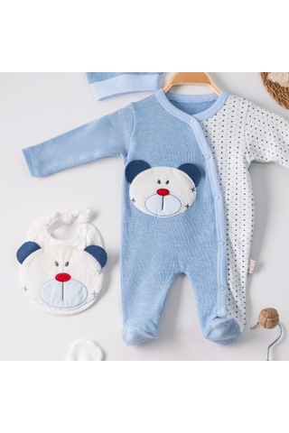 3 Ay Ayıcık Nakış Tulumlu Erkek Bebek 5'li Set Mavi Mavi