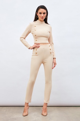 Sateen Düğme Detaylı Pantolon - Bej-132976 Bej