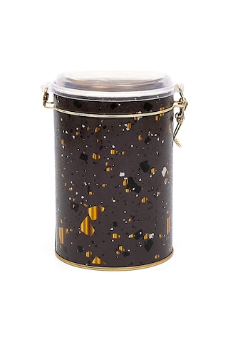 Terrazzo Brown Desenli Kilitli Kapaklı Yuvarlak Metal Kutu, 10.5 X 15 Cm, 1.1 Lt