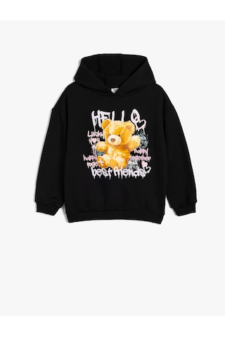 Koton Kapşonlu Sweatshirt Ayıcık Baskılı Şardonlu Slogan Temalı Siyah 5wkg10048ak Siyah