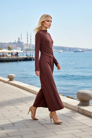 Benerly Kadın Maxi Bodycon Drapeli Yüksek Yaka Uzun Kol Örme Kumaş Bağlam Kahverengi