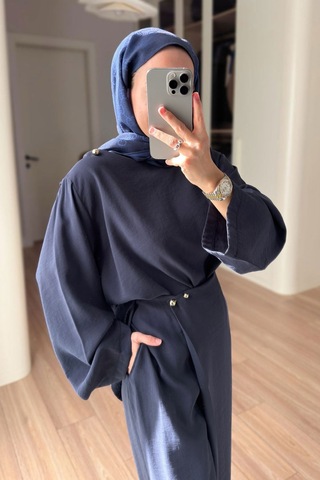 Ka Hijab Kruvaze Pantolonlu Salaş Takım - Lacivert