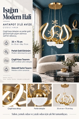 Ahtapot 3 Lü Büyük Modern Ledli Avize Çizgili 3 Renk Power Ledli Gold Kaplama Yatak Odası Salon Mutfak