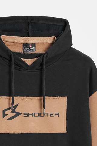 Shooter Sportwear Shooter Erkek Oversize Kapüşonlu Baskılı Kanguru Cepli Sweatshirt Siyah - Bej