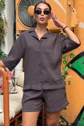 Madmext Kahverengi Kısa Kollu Modal Gömlek Şort Takım Mg2739
