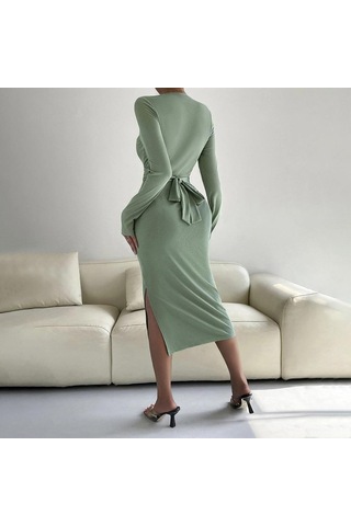 Hnxc Kadın Moda Yaz Bahar Düz Renk Baskı Uzun Kollu O-boyun Yüksek Bel Günlük Elbiseler Açık Yeşil