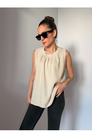 Ali Butik Taş Rengi Bisiklet Yaka Keten Bluz Taş