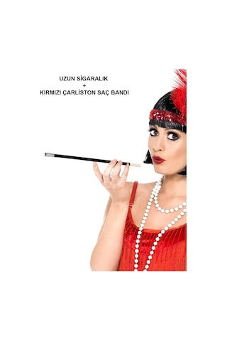 Gatsby Kadın Aksesuar Seti Kırmızı Charleston Saç Bandı Ve Sigaralık