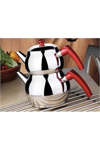 Hünkar Orta Boy Kaliteli Çelik Çaydanlık Çelik - Kırmızı