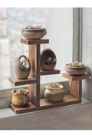 Ahşap Sukulent Ve Çiçek Standı - 5 Bölmeli Dekoratif Masaüstü Saksı Rafı - 25x25 Cm Kahverengi