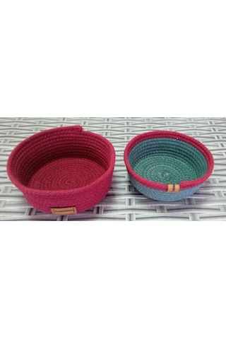 Ev Banyo Hasır 2 Adet Sepet Bordo&yeşil Yuvarlak Jüt Kordon Halat İp Bordo