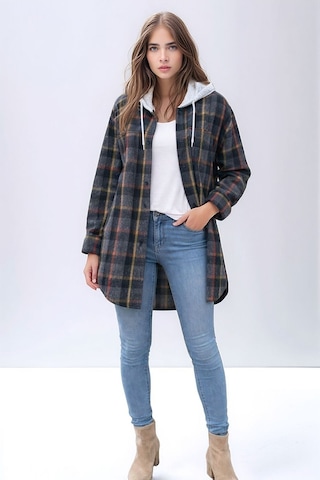 Mamayaga Kadın Desen Bloklu Oduncu Oversize Geniş Kalıp Casual Cepli Kapüşonlu Uzun Boy Ceket Gömlek Siyah