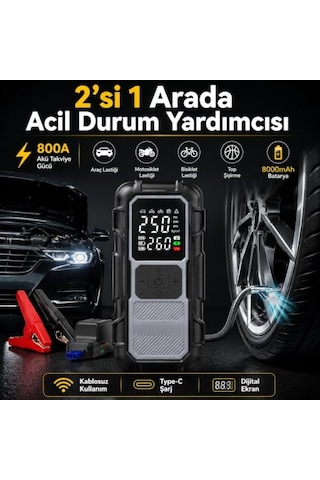 Kablosuz Lastik Şişirme Kompresörü Ve Akü Takviye Cihazı 800a, 8000mah Powerbank, Dijital Ekranlı Hava Pompası, Araç Motosiklet Bisiklet Ve Top Şişirme İçin, Type-c Şarjlı, Led Aydınlatmalı