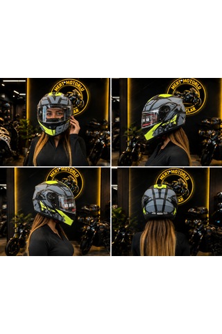 Jk 902 Matt Black H1 Yellow Çene Açılır Motosiklet Kaskı Siyah Yeşil