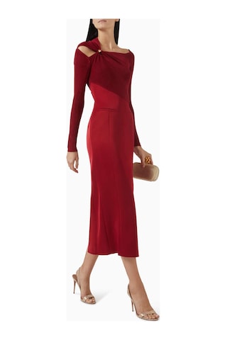 Eegen Studio Eleanor Midi Dress - Zarif Tasarım, Altın Yüzük Dekolteli, Uzun Kollu, Etkileyici Midi Elbise Kırmızı