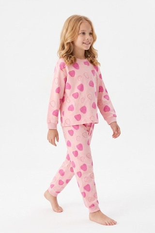 Bunny Hopp Kız Çocuk Uzun Kollu Pijama Takımı %100 Pamuk Pembe Çilek Desenli Penye Pembe Çiçekli