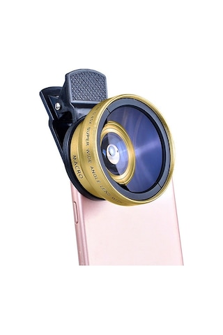 2 Si 1 Arada Klipsli Telefon Kamera Lensi 0.45x Ultra Geniş Açı 10x Makro 37mm Evrensel 49mm Uv Port Gold Gold