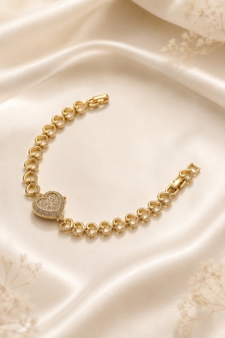 Balenbi Jewelry Kadın Taşlı Büyük Kalp Figürlü Kalp Zincir Kararmaz Çelik Bileklik 14k Gold 1140 Altın