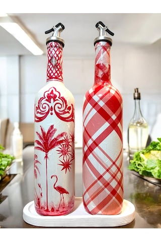 El Yapımı Kırmızı Beyaz Yağdanlık Seti Flamingo Ekose Desenli Cam Şişe, Dekoratif Mutfak & Sofra Ü Açık Pembe