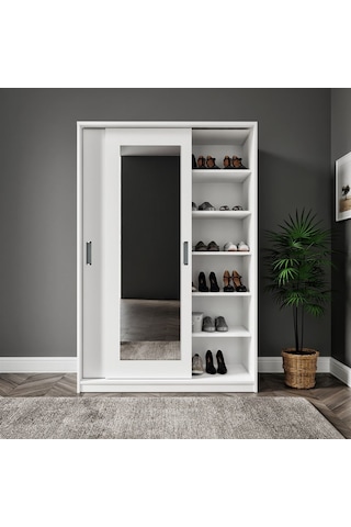 Başak Aynalı 2 Sürgü Kapılı Beyaz 8 Bölmeli Portmanto