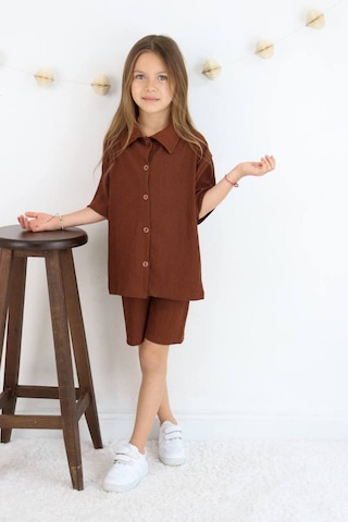 Gömlek Oversize Kız Şort Takım Karamel Kahve Açık Kahverengi