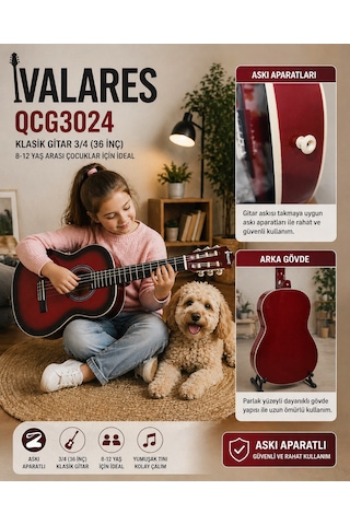 Valares Qcg3024 34 1/2 Yarım Boy Klasik Gitar Kırmızı Askı Aparatlı Çocuklar İçin İdeal Kolay Çalım