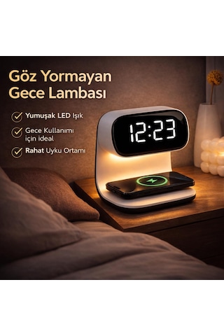 Coofbe 3ın1 15w Kablosuz Masaüstü Şarj Standı - Alarmlı Dijital Masa Saati- Ayarlanabilir Gece Lambası Beyaz