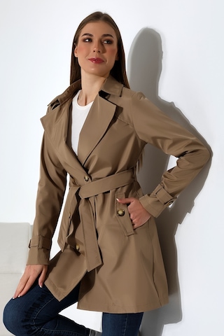 Kadın Degaje Kuşaklı Yarım Boy Astarlı Uzun Kollu Döğmeli Trençkot Vizon Vizon