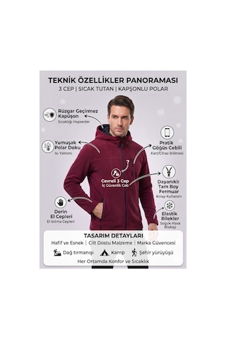 Luxıc Core Erkek Kapüşonlu Bordo Polar 3 Cepli Fermuarlı Sıcak Tutan Kışlık Outdoor Hoodie Günlük Stilpro