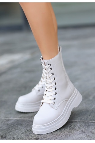 Rxn Bej Cilt Bağcıklı Suni Deri Yandan Fermuarlı İçi Pedli Bot Bej