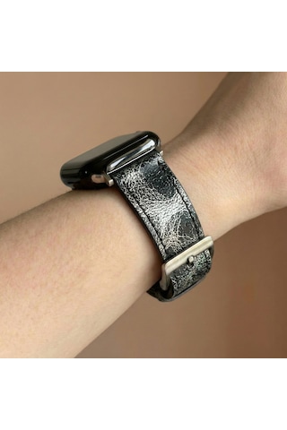 Goldoni Apple Watch Uyumlu Antik Siyah İnce Gerçek Deri Kordonu Metal Köprülü